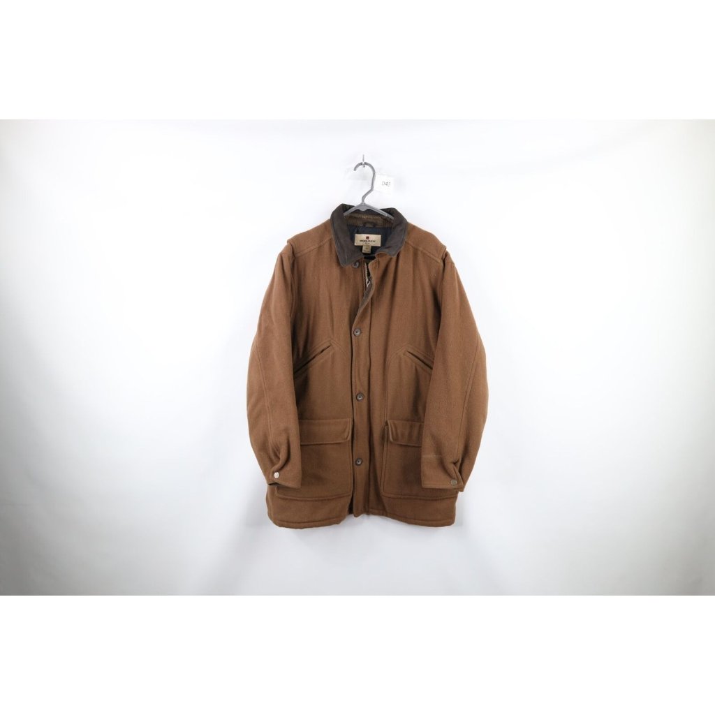 Vintage 90s Woolrich Mens Large Insulated Leather Collar Wool Chore Barn Jacket